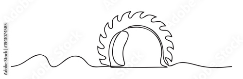 Continuous line drawing of a circular saw blade emerging from a wavy line, perfect for industrial themes, construction projects, or woodworking related publications and workshops