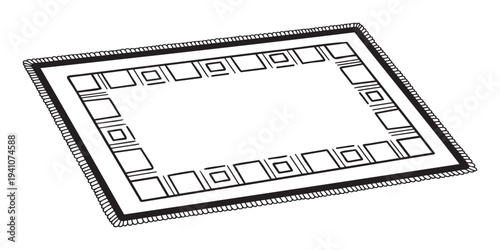 Outline drawing of a decorative rectangular mat featuring a geometric border pattern with squares and a fringed edge, excellent for textile industry graphics, flooring product visuals, and