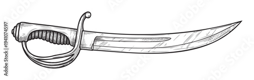 Detailed hand drawn vintage saber weapon with a curved blade and handguard, perfect for historical adventure themed graphics or game asset design