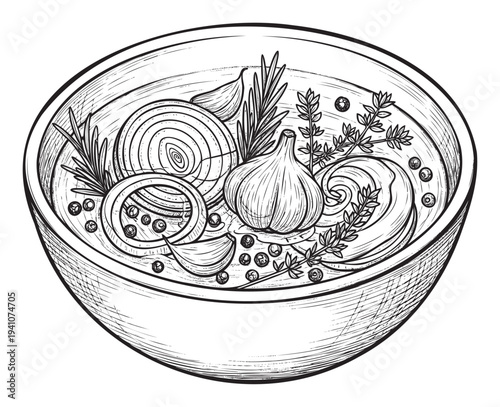 Monochrome sketch of a rustic bowl full of fresh kitchen ingredients sliced onions, garlic, rosemary, thyme, and peppercorns, useful for recipe books, food blogs, or culinary branding