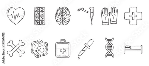 Collection of essential medical and healthcare symbols representing health, diagnosis, treatment, and biological concepts suitable for educational materials or medical facility branding