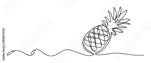 Minimalist single continuous line drawing capturing the essence of a fresh tropical pineapple fruit, ideal for graphic projects, healthy food packaging, and refreshing summer campaigns.