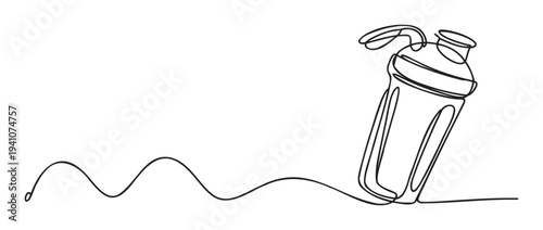 Continuous line drawing of a sports shaker bottle with a wavy trajectory, suitable for fitness and healthy lifestyle promotions or gym advertisements