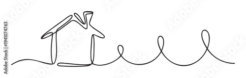 Simple continuous line drawing of a house with an elongated wavy trail representing home ownership journey or real estate concept for marketing materials and architectural presentations.