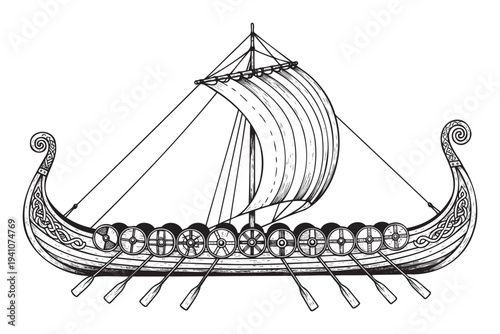 Detailed black and white depiction of a traditional Viking longship with a large sail and shield wall, perfect for historical documentaries, educational content, or thematic graphic designs