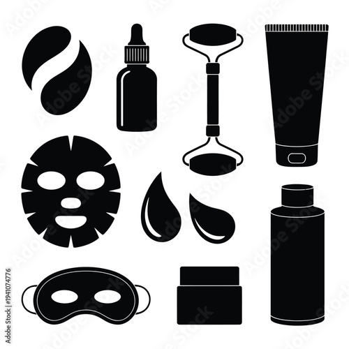 Black silhouette icons depicting various skincare and beauty products