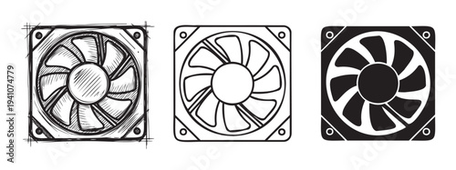 Computer cooling fans in varied graphic presentations featuring a detailed sketch a minimal outline and a strong silhouette ideal for electronics manuals and tech content