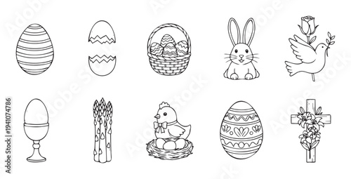 A collection of handdrawn Easter symbols including decorated eggs, a cracked shell, an egg basket, a cute bunny, a peace dove, and a religious cross for springtime celebration products or