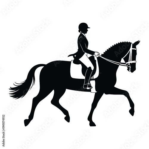 Silhouette of a horse rider in a dressage pose black and white
