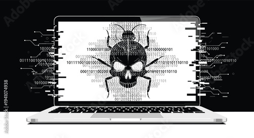 Laptop screen displaying a digital bug skull icon surrounded by binary code to represent a dangerous malware attack.