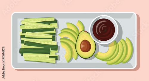 Healthy snack platter featuring sliced cucumbers, fresh avocado pieces, and a bowl of dark dipping sauce on a tray.