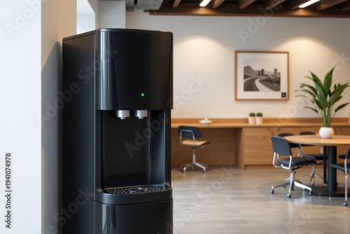 Modern black water cooler in a bright office lounge with chairs and a plant.
