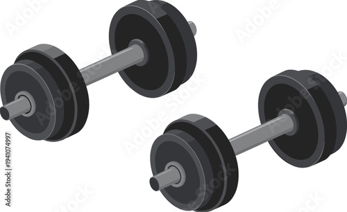 Black dumbbells, fitness equipment, strength training weights, gym workout gear, bodybuilding tools, healthy lifestyle, muscle building, isolated on white background