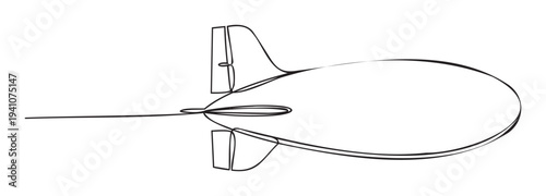 Continuous single line drawing of a blimp airship representing travel, freedom, and exploration for educational materials or modern graphics.