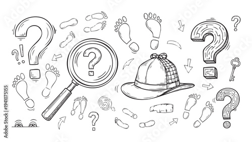 Engaging hand drawn doodle elements representing concepts of mystery, investigation, problem solving, and discovery, perfect for educational materials, game graphics, or thematic
