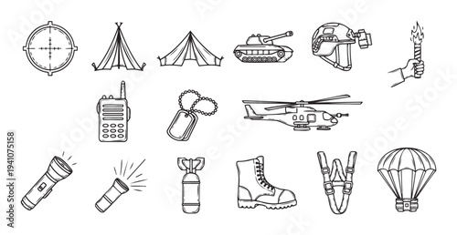A comprehensive collection of military and camping essential gear icons including a tank, helicopter, tents, and tools perfect for tactical resource visuals and adventure guides