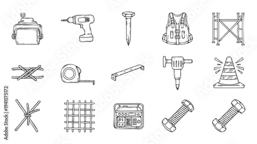A comprehensive collection of essential handdrawn construction tools and equipment perfect for building, renovation, and industrial project illustrations and engineering diagrams.