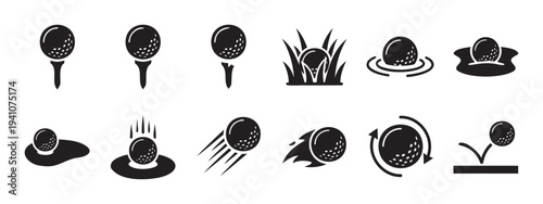 Comprehensive collection of golf ball icons depicting various game situations and movements, perfect for sports graphics, golf club branding, game development, and athletic event promotions