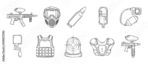 Assortment of paintball sport equipment, showcasing markers, masks, protective gear, and accessories suitable for competitive and recreational themes, perfect for sports or gaming related
