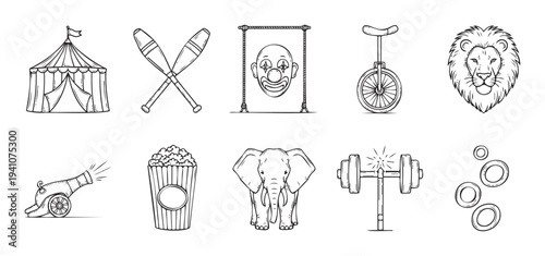 Circus themed collection of classic entertainment icons including a big top tent juggling clubs a clown lion elephant and other fun elements perfect for designing event posters and festive