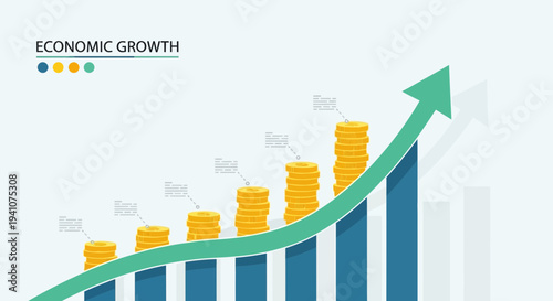 Economic Growth Graph with Stacks of Coins and Upward Trend Arrow