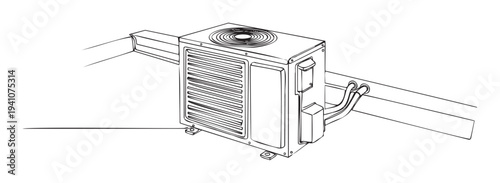 Detailed line drawing of an outdoor air conditioning unit used for residential or commercial climate control systems providing cooling and heating solutions for buildings