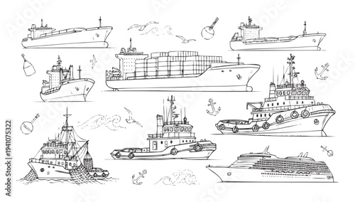Diverse collection of hand drawn marine transport vessels including cargo, fishing, and passenger ships with nautical elements suitable for educational materials or maritime publications.