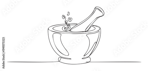 A continuous line drawing of a mortar and pestle symbolizes traditional food preparation and natural medicine, perfect for culinary blogs, herbal remedy branding, or kitchen equipment