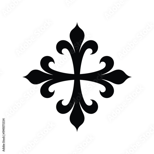 Elegant black fleur de lis cross symbol on a plain white background
