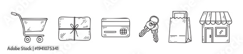 Hand drawn doodle shopping and commerce icons including a cart, package, credit card, keys, paper bag, and a shop, useful for retail business and online transaction themes.