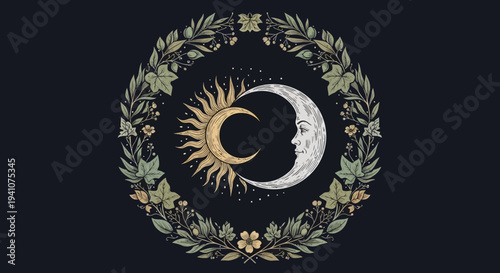 Sun and moon phases with floral wreath design