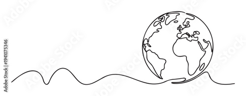 Abstract single line art representation of the world globe with a flowing wave, symbolizing interconnectedness and sustainability for international business and environmental projects.