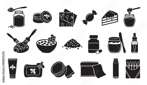Collection of honey and bee product icons including jars, dippers, cakes, candies, skincare, and supplements for various apiculture and natural product uses.