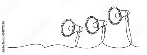 Continuous line drawing of three megaphones representing essential communication, important announcements, and broadcast messages for marketing campaigns or public relations