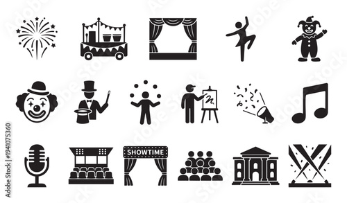 Diverse collection of entertainment and show business activity icons perfect for event promotion, festival branding, creative project graphics, and website design applications