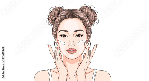 Portrait of a beautiful woman with hair buns applying small dabs of white skincare cream to her cheeks and face.