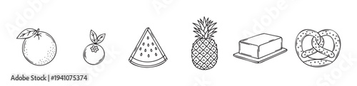 Set of diverse food line icons including various fruits, butter, and a pretzel, ideal for culinary websites, menu designs, and nutritional education graphics.