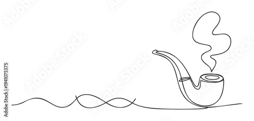 Minimalist continuous line drawing of a classic smoking pipe with elegant swirling smoke, perfect for branding, stationery, or sophisticated graphic projects