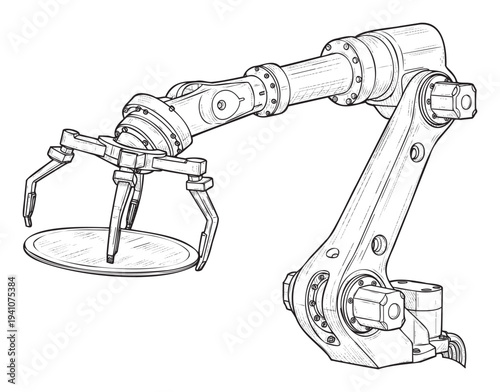Technical drawing of an industrial robotic arm with a multifinger gripper holding a round platform, suitable for engineering blueprints, manufacturing process illustrations, and robotics