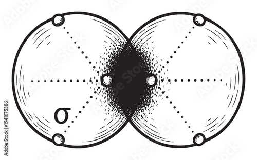 Black and white scientific diagram depicting a sigma bond structure with two overlapping atomic orbitals, nodes, and axes, ideal for educational textbooks or chemistry presentations.