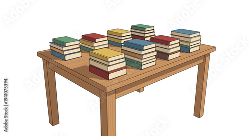 Multiple stacks of colorful books arranged neatly on a brown wooden table against a clean white background in a library setting.