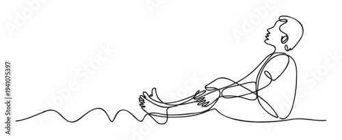 Continuous line drawing depicting a serene person seated on the ground with knees bent and head tilted upwards in a calm pose suitable for wellness applications and spiritual lifestyle