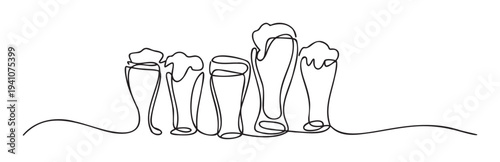 Minimalist one line drawing of various beer glasses with frothy tops creating a modern beverage graphic for restaurant menus or pub advertisements