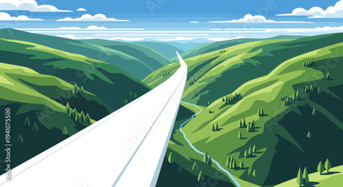 Expansive Green Valley with Winding Road and Blue Sky