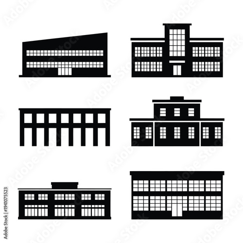 Minimalist vector illustration depicting six different building facades in black