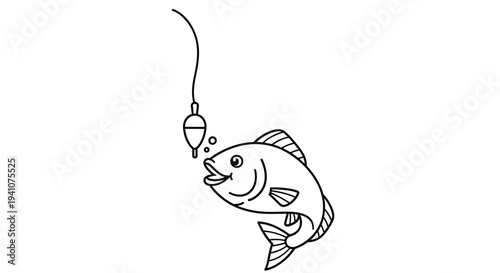 Simple black and white line art illustration of a fish jumping out of the water to bite a floating fishing lure.