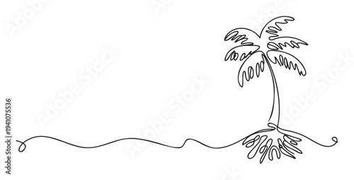 A striking single continuous line drawing of a palm tree with elegant flowing leaves and a distinct root structure, perfect for minimalist graphic designs, modern logos, and tranquil summer