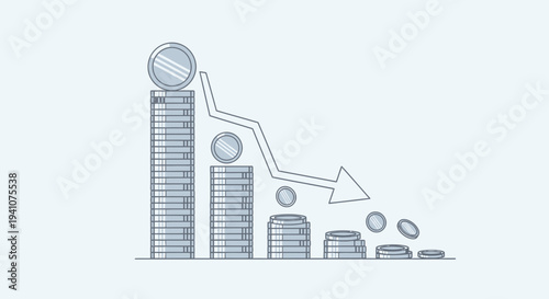 Financial Crisis: Falling Coins Graph with Downward Arrow