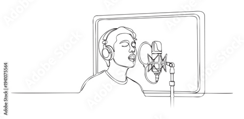 Professional male vocalist in headphones singing into a high quality studio microphone in a clean single line drawing style, ideal for music industry branding, event promotions, and audio