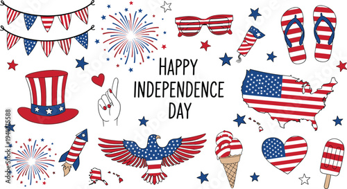 Happy Independence Day Vector Set with USA Flag, Fireworks, Eagle, Patriotic Decorations and Fourth of July Celebration Elements